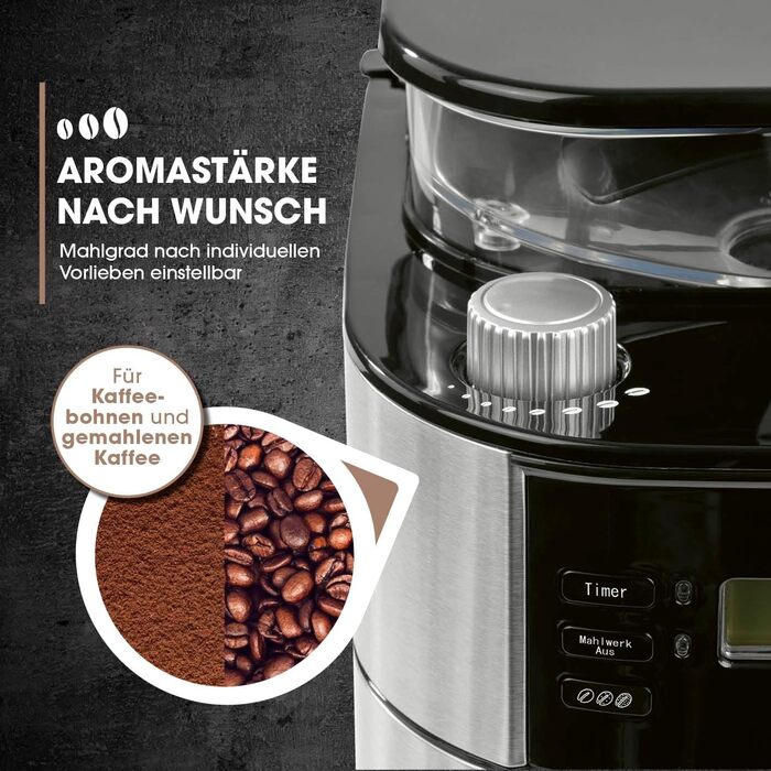 Кавомашина Barista Filterkaffeemaschine з регульованим млинком та скляною колбою | Функція підігріву, таймер 24 год та постійний фільтр | Для 10 чашок кави | Кавомашина для зерен та меленої кави [Нержавіюча сталь] 6) Нержавіюча сталь - скляна колба - з мл