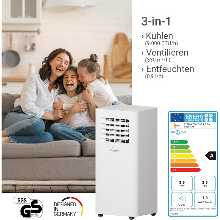 Мобільний кондиціонер SUNTEC Comfort 7.0 Eco R290, 2050 Вт, 7000 BTU, для кімнат до 25 м², охолодження та осушення, з відведенням повітря, тихий, для дому та офісу