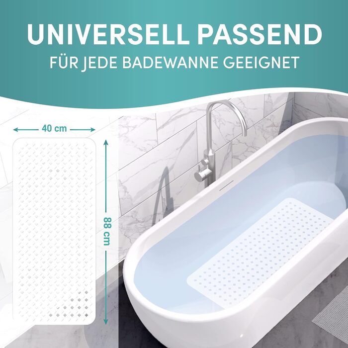 Протиковзкий килимок Engelbach для ванни, 88x40 см, білий, 100% BPA-free, з 2 гачками, антипліснявий, машинне прання