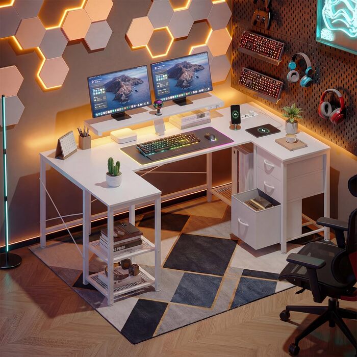 Ігровий стіл Devoko кутовий з LED, 3 шухляди, 170x95x75 см, білий - з регульованою полицею, розетками та USB