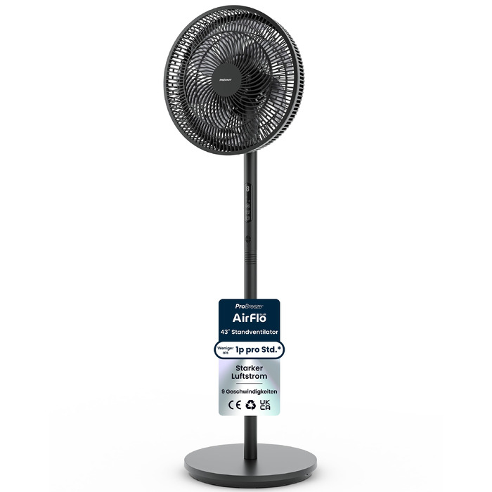 Вентилятор підлоговий Pro Breeze AirFlo Slim: 3 швидкості, 95° поворот, таймер 9 год, пульт, для дому та офісу, чорний