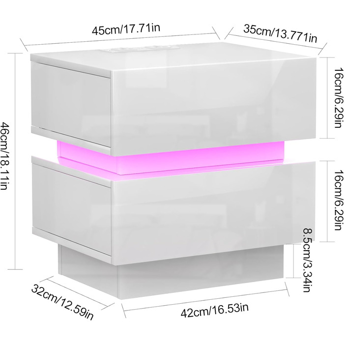 Нічний столик з розеткою та LED-підсвіткою, з USB-зарядкою та 2 шухлядами (45x35x46 см, білий)