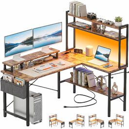 Ігровий стіл Homieasy L-подібний 124x90 см з LED-підсвіткою та розетками, рустикальний коричневий — реверсивний стіл з полицею, підставкою для монітора та сумкою, МДФ та метал