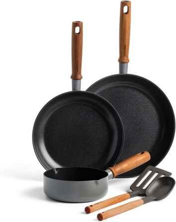 Набір кухонного посуду GreenPan Mayflower Pro 5 предметів, анодований алюміній, керамічне антипригарне покриття, PFAS-free, індукція, дерев'яна ручка, сірий
