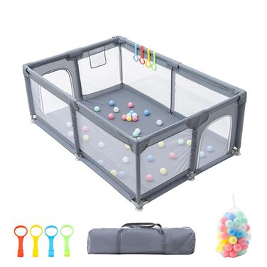 Дитячий манеж GLOKID 150 x 180 см з безпечним простіром для ігор, антиколізійні захисні бортики та дихаюча сітка, з м'ячиками та кільцями для гри (XWL 1218)