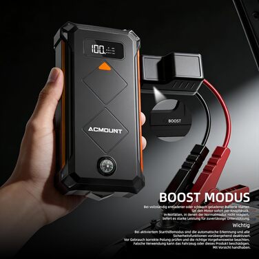 Бустерний пускач Acmount P110 7000A Powerbank для авто (12л бензин/10л дизель) з LED-ліхтарем, компасом та молотком для PKW, SUV, мотоциклів, газонокосарок, помаранчевий