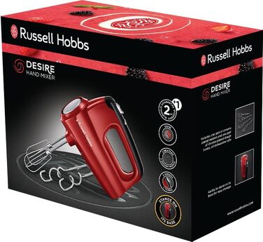 Міксер ручний Russell Hobbs Desire Red 5 швидкостей + турбо, насадки для тіста, кнопка виштовхування, підставка