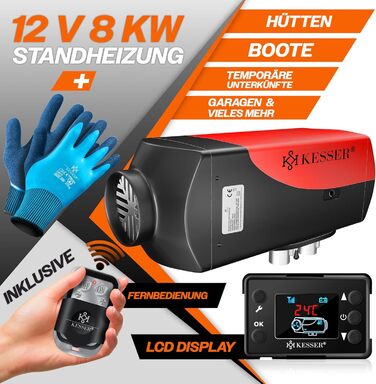 Автономний дизельний обігрівач KESSER 8кВт 12В/24В з LCD-дисплеєм, таймером та пультом керування, повітряний підігрівач з глушником та термостатом (Червоний)