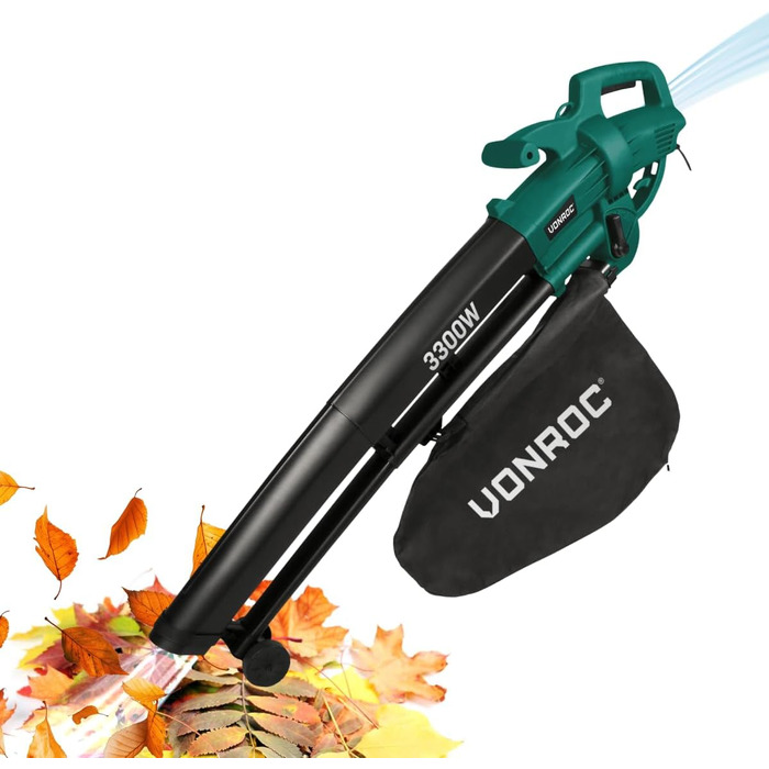 Електричний повітродув-пилосос VONROC 3300W 3-в-1 з функцією подрібнення листя та мішком для збору 40л