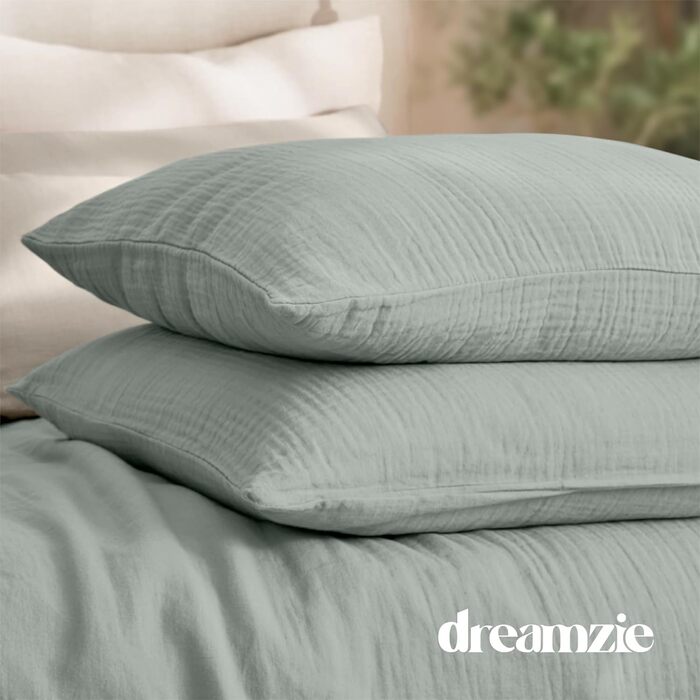 Комплект постільної білизни Dreamzie з мусліну 135x200 см, 100% бавовна. В комплекті: 2 наволочки 80x80 см та 2 наволочки 135x200 см. Сертифікат Oeko-Tex, застібка на блискавку. (Блакитно-сірий, 4-елементний комплект 135x200 + 2 x 80x80)