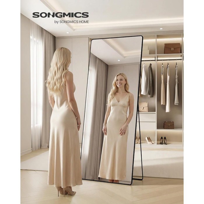 Дзеркало підлогове SONGMICS 160x50 см, чорне: повний зріст, алюмінієва рама, міцне скло для спальні, вітальні, передпокою