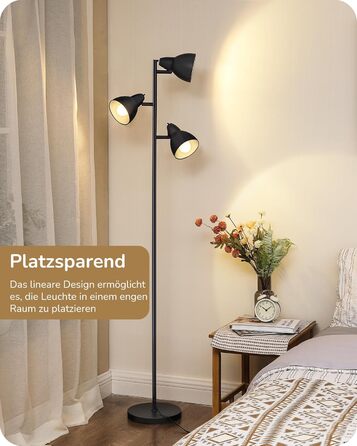Торшер EDISHINE 163 см, 3 лампи, чорний, з LED-лампою E27, регульований, вінтажний, для вітальні, спальні, офісу, з індивідуальними вимикачами, сучасний дизайн, лампа у комплекті