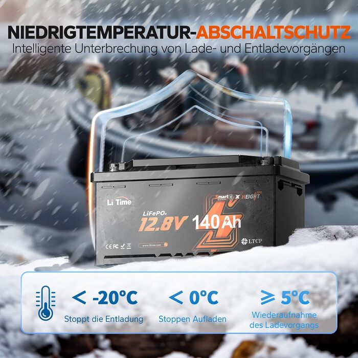 LiFePO4 акумулятор LiTime 12V 140Ah H190 з Bluetooth для кемпера та автобудинку, літієва батарея