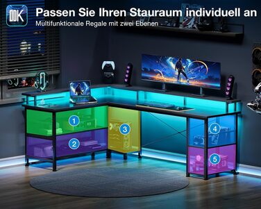 Ігровий кутовий стіл ODK Gaming з LED-підсвіткою та USB-портом, вуглецеве покриття, 168×120 см, чорний