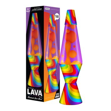 Лавова лампа LAVA Lampe (36.8 см) з ефектом руху кольорів, помаранчева та фіолетова рідина, друкована основа, модель #2090 Rainbow