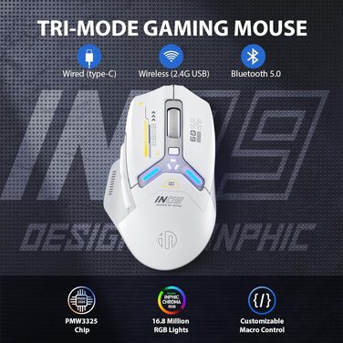 Ігрова миша inphic IN9 бездротова Tri-Mode (2.4G/Bluetooth/Type-C), 10000 DPI, RGB-підсвітка, програмована, акумуляторна, сіро-біла