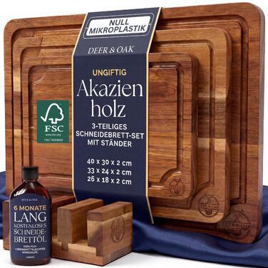 Набір дощок для нарізання Deer & Oak з акації, 3 шт., зі стійкою та олією 250 мл, сертифіковані FSC, для кухні