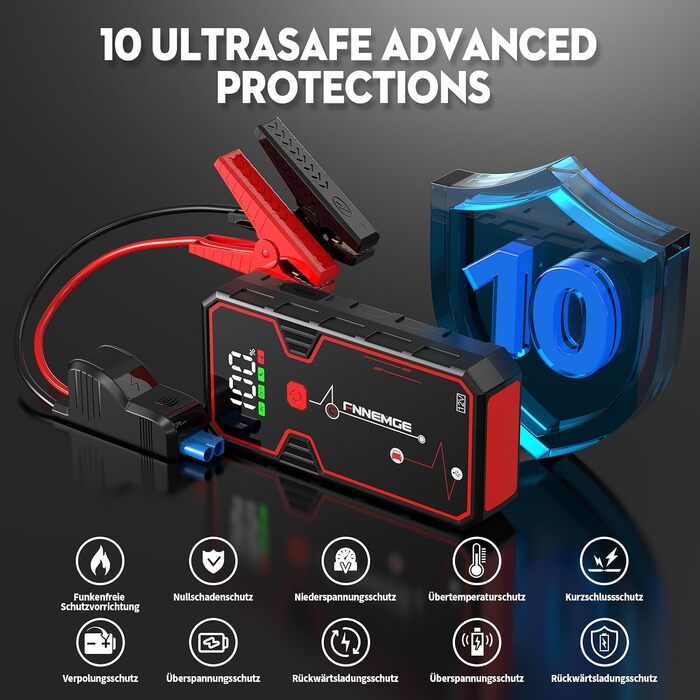 Бустер автозапуску FNNEMGE 9000A 26800mAh для бензинових та дизельних двигунів до 10.0L, пусковий пристрій Powerbank 12V з Quick Charge 3.0 та LED-ліхтарем