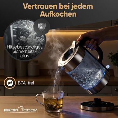 Скляний електрочайник ProfiCook PC WKS 1322, 1.7л, 2200Вт, з підсвіткою та корпусом із темної нержавіючої сталі Dark-inox