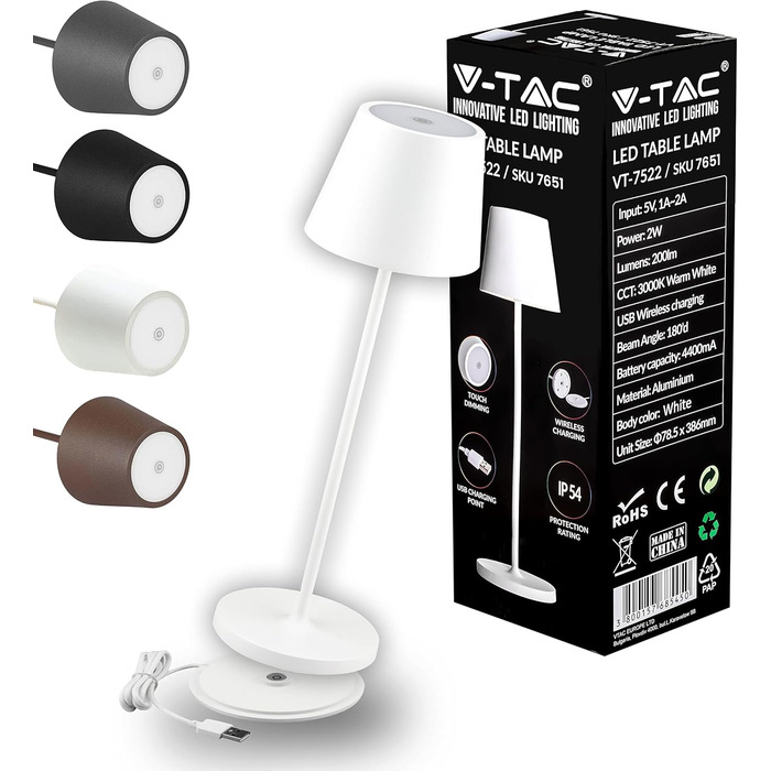 Настільна LED-лампа V-TAC, диммована, бездротова, сенсорна, акумулятор 4400 мА·г, IP54, тепле світло 3000K, для дому, вулиці, ресторану