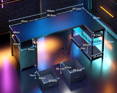 Кутовий письмовий стіл Coleshome з 2 шухлядами та полицею, 140x80 см, з розеткою, чорний. Ігровий стіл для дому та офісу