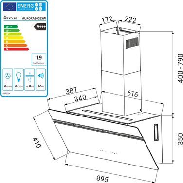 Витяжка для кухні KKT KOLBE AURORA6005FB 90 см, чорна з білим склом, потужність 782 м³/год, WiFi, RGBW LED-підсвітка, сенсорне керування, режим рециркуляції та відведення