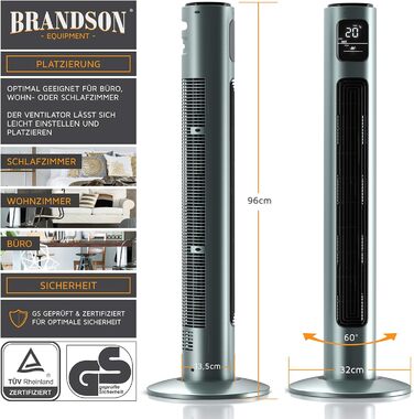 Турмовентилятор Brandson з пультом, 96 см, 3 швидкості, осциляція 60°, сріблясто-м'ятний, підлоговий мобільний вентилятор, переможець 2024 року