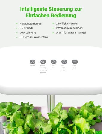 Smart Garden: Гідропонна система для вирощування зелені з LED лампою 26W та 12 капсулами. Регульована висота до 50 см.