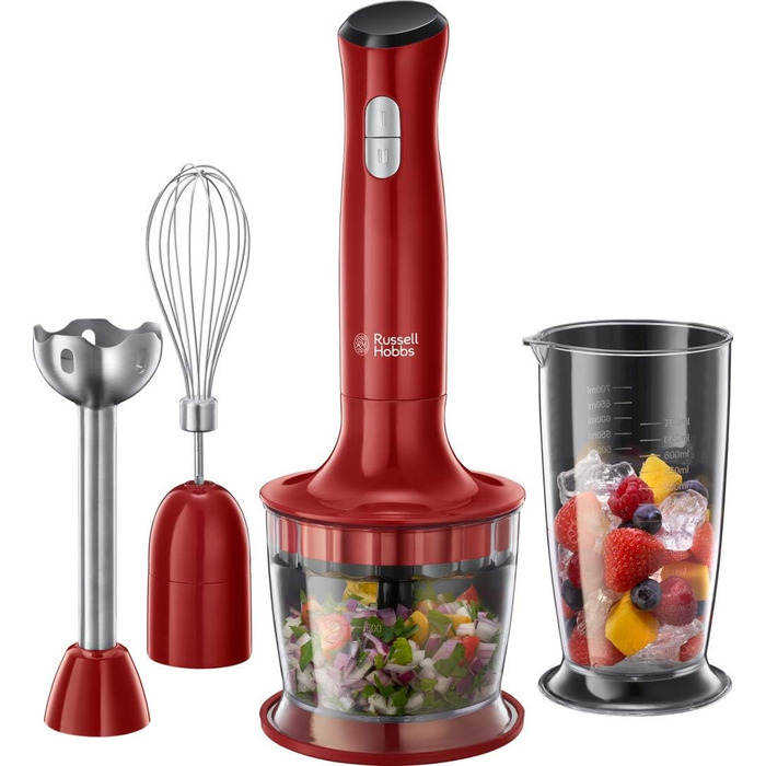 Блендер Russell Hobbs Desire 3-в-1, червоний, занурювальний, подрібнювач, вінчик, BPA-вільний, для смузі, супів, соусів, дитячого харчування, 24700-56