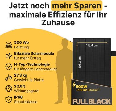 Двосторонній сонячна панель Solakon 500W N-Type Glass-Glass, 40V Full Black для балкона та фотоелектричних систем (1 шт)