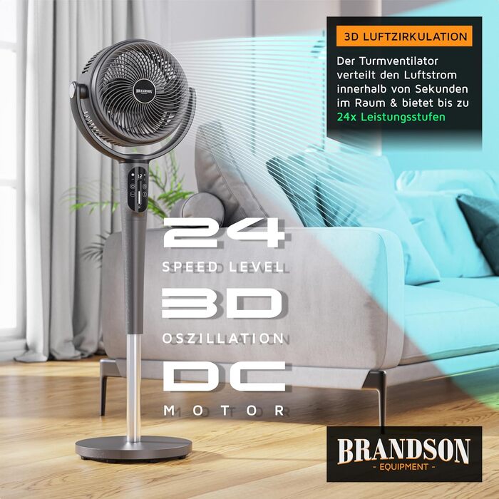 Вентилятор підлоговий Brandson 3D з ЕКО DC мотором, сірий: тихий, 24 швидкості, осциляція, пульт ДУ, енергозбереження