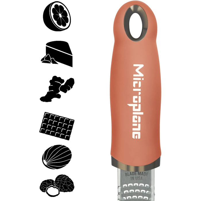 Терка Microplane для цитрусових, сиру, імбиру, шоколаду та мускатного горіха, з дрібною лезом із нержавіючої сталі, колір кориця-оранж, 325×35×30 мм, вироблено у США