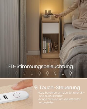 Приліжкова тумбочка VASAGLE з LED-підсвічуванням, USB-A та USB-C, шухляда та відкрите відділення, для спальні/вітальні, білий колір (LET60W0)