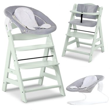 Дитячий високий стільчик Hauck Alpha+ Newborn Set з 2in1 гойдалкою - Зростаючий дерев'яний стільчик для годування з народження, з подушкою та гойдалкою для новонароджених - М'ятний Classic Mint