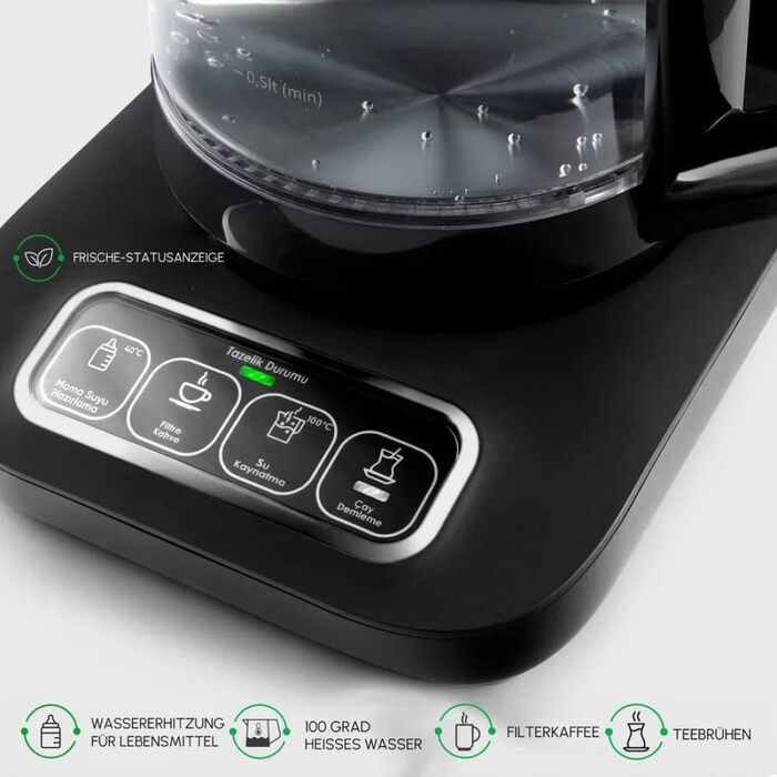 Чайоварка-робот Karaca Çaysever Pro 4-в-1: чайник, фільтр-кавоварка, 2500W, чорний/хром, з індикатором свіжості та голосовими підказками, об'єм 0,8 л (чайник) та 1,5 л (резервуар для води)
