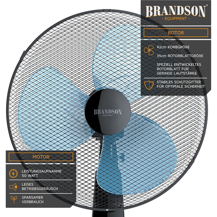 Підлоговий вентилятор Brandson з пультом дистанційного керування, 50 Вт, 3 швидкості, коливання 80°, чорний