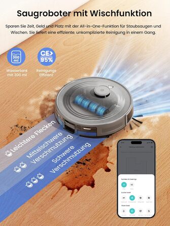 Робот-пилосос LEFANT M2 Plus з картографією, лазерною навігацією, 6000Pa, персоналізованим прибиранням, WiFi/App/Alexa, чорний (M2 Pro Grey)