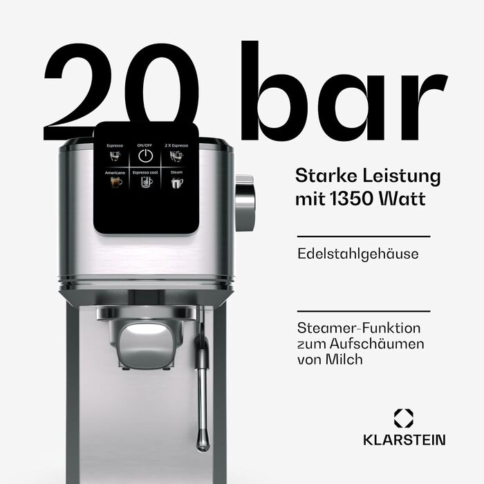 Кавоварка Klarstein SteelPresso Touch Slim з холдером, 20 бар, 1350 Вт, 1,2 л, нержавійка, компактна, цифрове управління, легке очищення, парова насадка