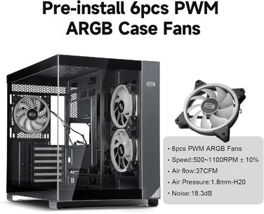 Корпус для ПК CPS C3T500 ARGB Tower ATX, 6x120 мм ARGB вентилятори, сумісний з RTX 40, подвійне загартоване скло, безстійковий дизайн, чорний, PCCOOLER