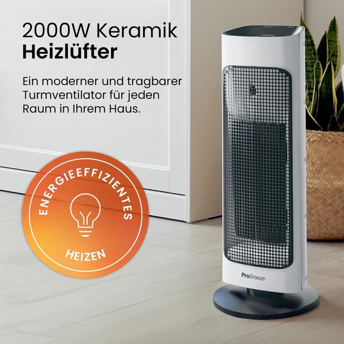 Обігрівач Pro Breeze керамічний з пультом дистанційного керування, 7 режимів нагріву, 2000W, захист від перегріву, таймер 24 год, ECO режим, тиха робота, осциляція 80°