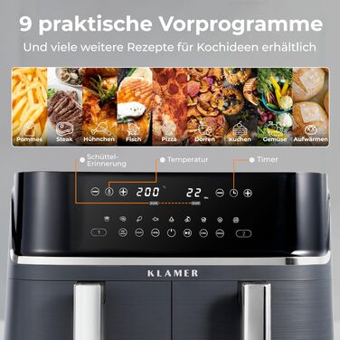 Аерофритюрниця KLAMER Duo 9L з двома кошиками, цифровим дисплеєм та 10 програмами, 3000 Вт, срібляста