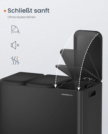 Сортувальний смітник SONGMICS HOME для кухні, 3×15 л, з кришками, кольоровими педалями та внутрішніми контейнерами, чорний сталь