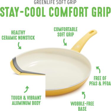 Набір посуду GreenLife Soft Grip Gesunde Keramik антипригарний 18 предметів, жовтий: каструлі, сковороди, кришки та кухонні аксесуари, без PFAS, для індукційних плит, можна мити в посудомийній машині