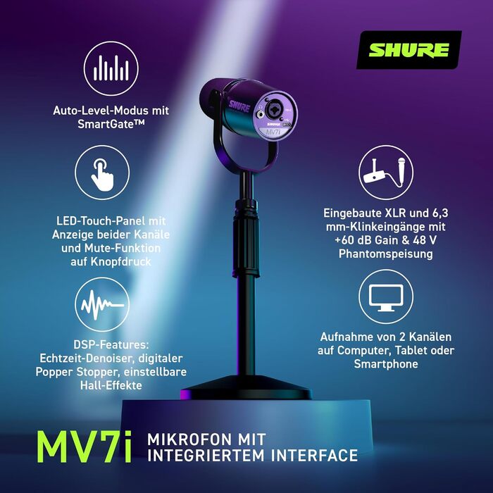 Мікрофон Shure MV7i Smart Podcast з вбудованим аудіоінтерфейсом, комплект для подкастингу, 2-канальний, Dual-XLR для мікрофонів або інструментів, USB-C підключення до ПК/телефону