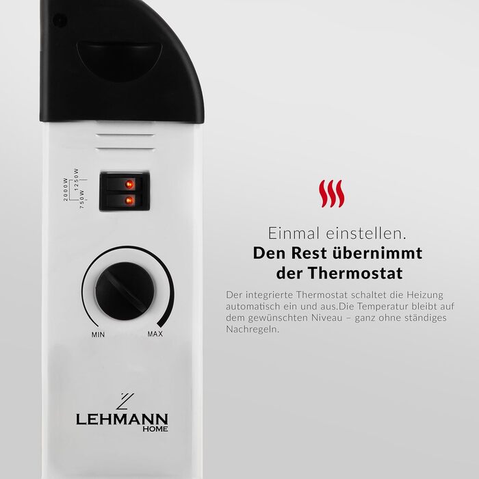 Електричний конвектор LEHMANN, обігрівач з 3 режимами потужності (750/1250/2000 Вт), термостатом та захистом від перегріву, енергоощадний