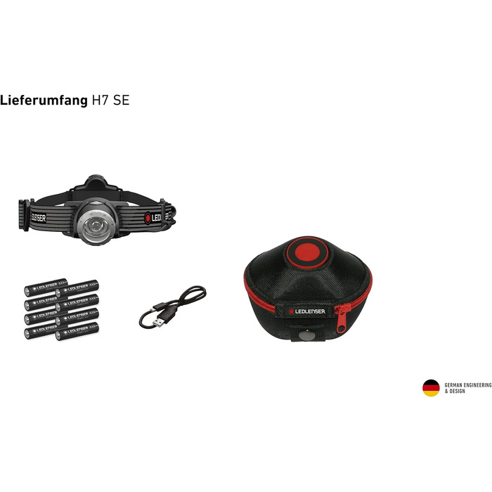 Налобний ліхтар Ledlenser H7 SE LED 300 Люмен, 160 м, з фокусуванням, заднім підсвічуванням, батареями та USB-кабелем