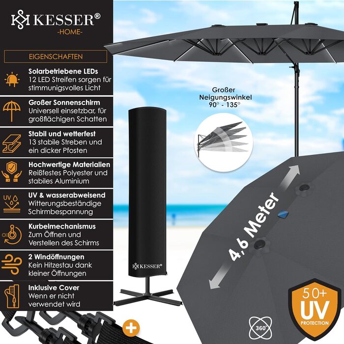 Двомісний парасольковий тент KESSER 4,6x2,7 м з LED, алюмінієвий, водостійкий, з підставкою, вітрозахист, антрацит, 360° обертання, кривошип, нахил