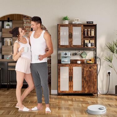 Висока кухонна шафа-буфет Dripex (181 см) з робочою поверхнею, розетками, 5 дверцятами та шухлядою, індустріальний стиль, коричнево-чорна