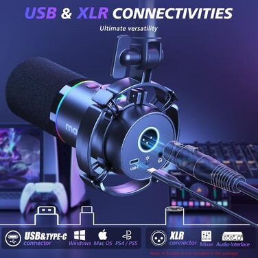 MAONO PD200XS Динамічний XLR/USB мікрофон з RGB підсвіткою, комплект із тримачем, програмним забезпеченням, кнопкою вимкнення звуку та регулятором гучності для подкастів, стрімінгу, запису, геймінгу, ПК, Mac, PS4/5, мікшер, чорний