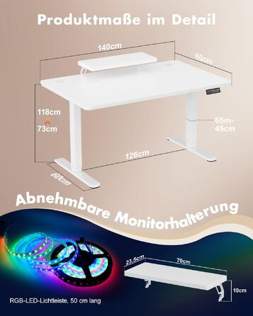 Регульований по висоті письмовий стіл Airfish 120x60 см з підставкою для монітора, білий